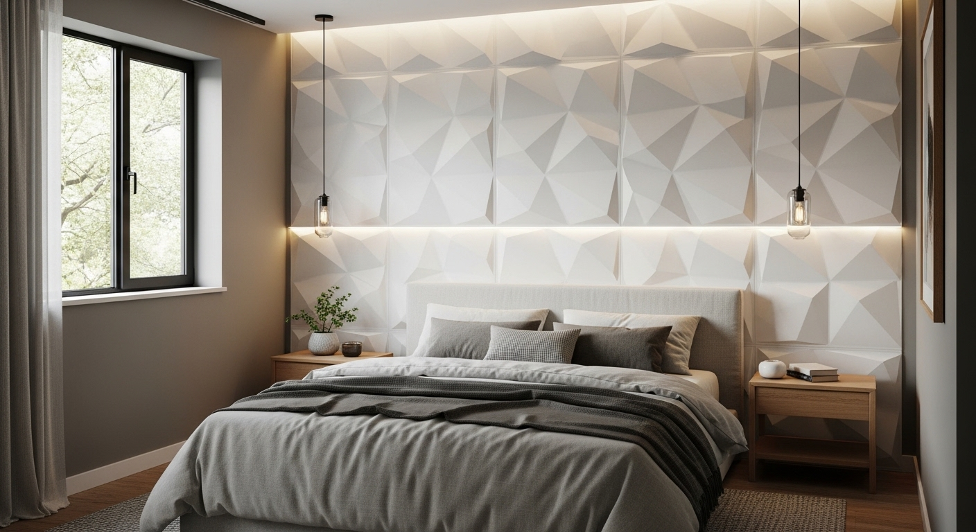 Trang trí phòng ngủ hiện đại với tấm ốp tường 3D hình học màu trắng, tạo điểm nhấn ấn tượng phía sau giường tối giản, được chiếu sáng bằng đèn LED ẩn.