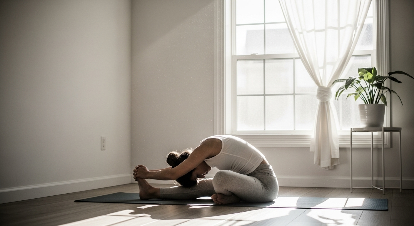 Một người đang giãn cơ yoga nhẹ nhàng trên thảm trong phòng khách tràn ngập ánh nắng, minh họa cho lối sống dinh dưỡng và vận động lành mạnh.