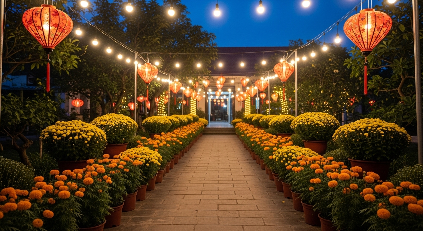 Lối vào nhà Việt trang hoàng đón Tết với đèn lồng đỏ, hoa cúc vàng, vạn thọ cam và đèn dây lung linh buổi tối. Gợi ý về cách trang trí nhà đón Tết ấm cúng, đậm nét truyền thống.