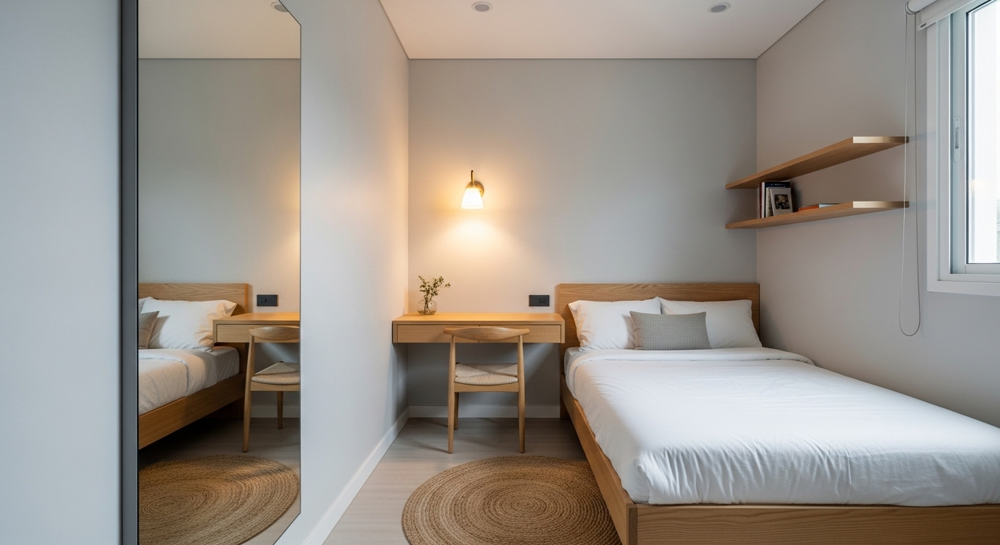 Trang trí phòng ngủ nhỏ thông minh với gương lớn không khung phản chiếu ánh sáng tự nhiên, tạo cảm giác rộng rãi và thoáng đãng, kết hợp đèn âm trần và đèn tường tông ấm. Trang trí phòng ngủ nhỏ thông minh với gương lớn không khung phản chiếu ánh sáng tự nhiên, tạo cảm giác rộng rãi và thoáng đãng, kết hợp đèn âm trần và đèn tường tông ấm.