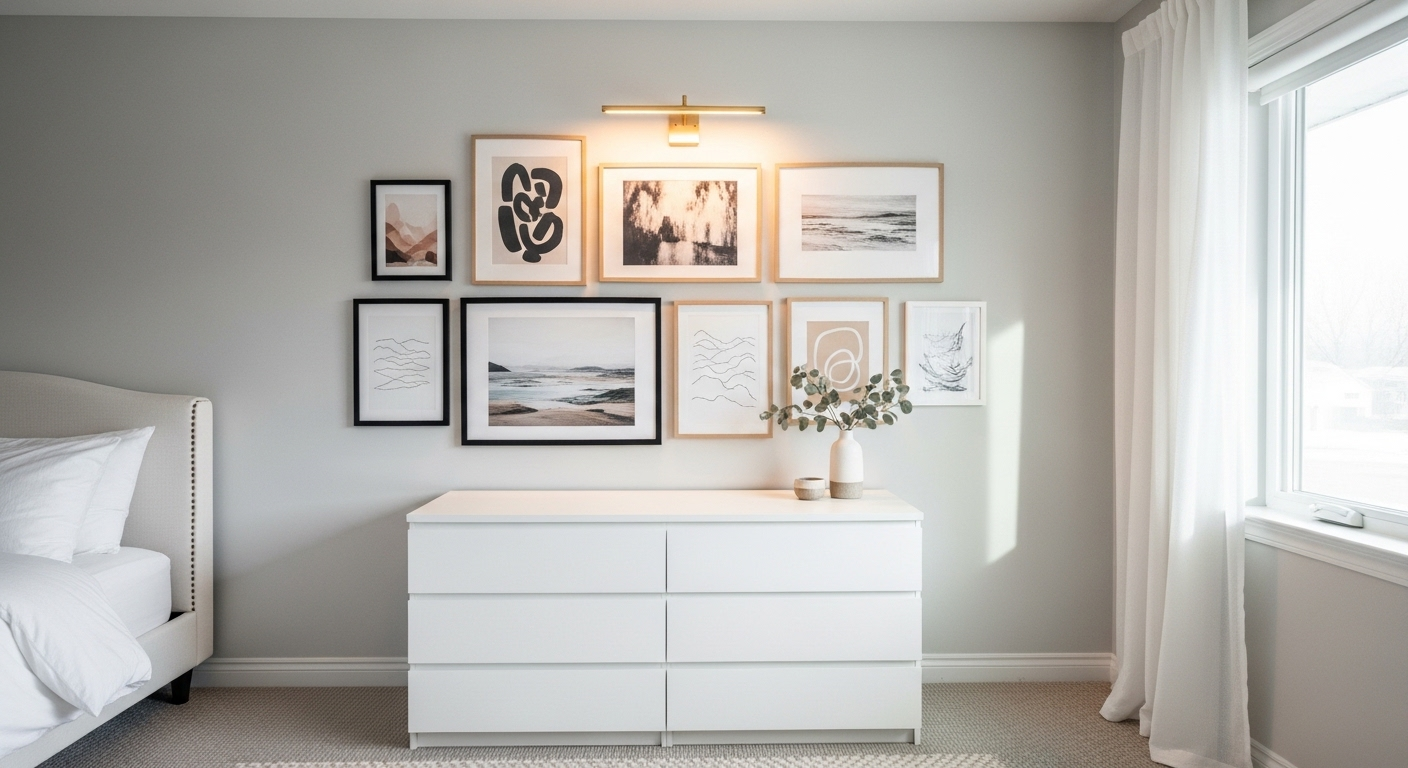 tường gallery gọn gàng với đa dạng khung tranh (đen, trắng, gỗ) trưng bày các tác phẩm nghệ thuật, ảnh trừu tượng và tranh phong cảnh tối giản, tạo điểm nhấn cá nhân phía trên tủ.