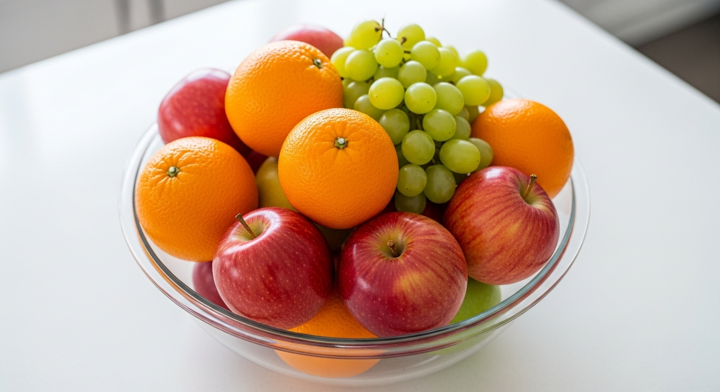 Bát thủy tinh đầy trái cây tươi màu sắc (cam, táo, nho) trên quầy bếp trắng, một mẹo vặt trang trí nhà cửa vừa đẹp mắt vừa tự nhiên.