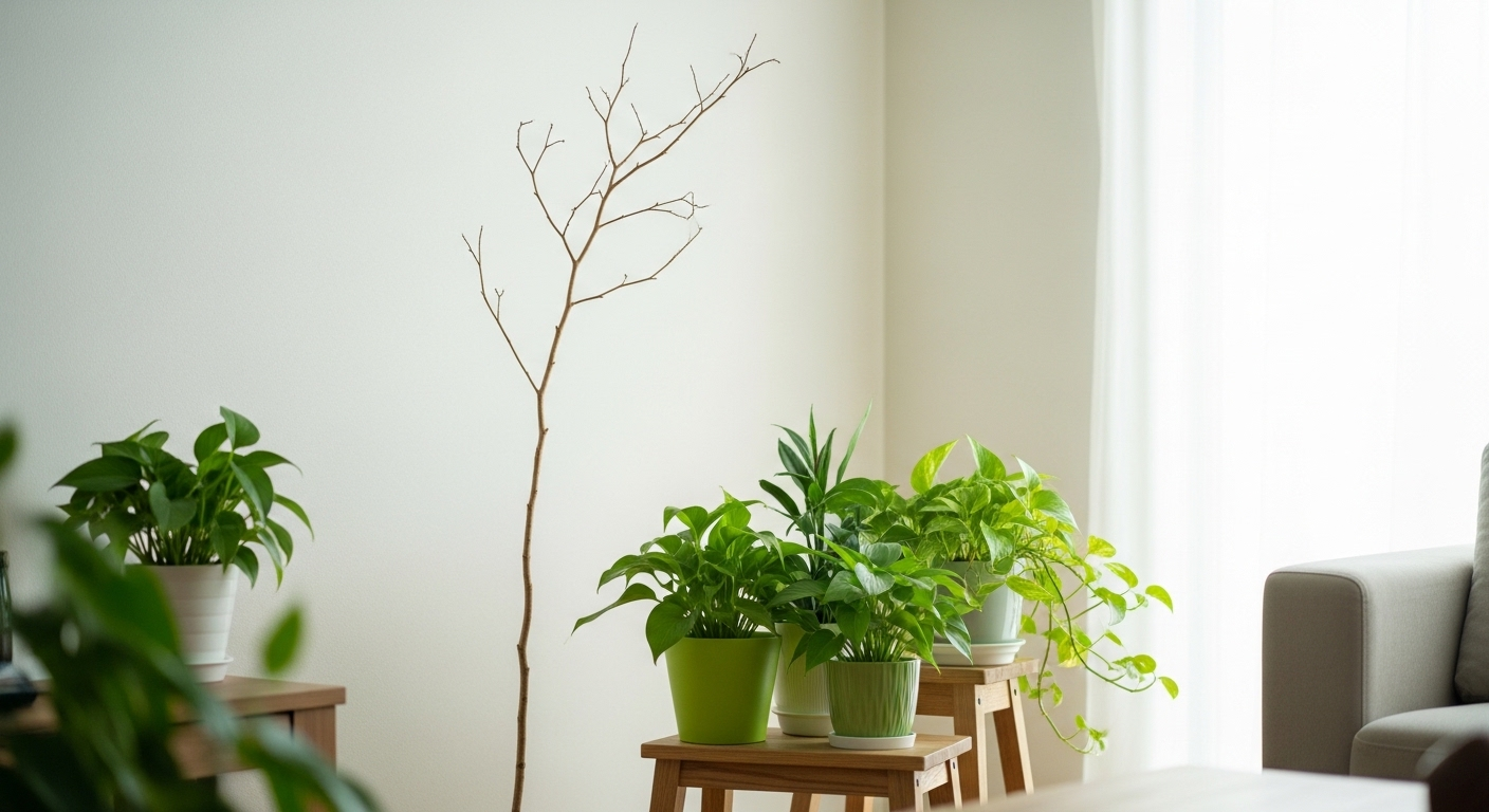 Góc không gian sống thanh bình với cành cây khô cao làm điểm nhấn trang trí tự nhiên và vài chậu cây xanh tươi đặt trên ghế gỗ đơn giản. Một mẹo vặt trang trí nhà cửa tinh tế, tạo không gian thư thái và gần gũi thiên nhiên.