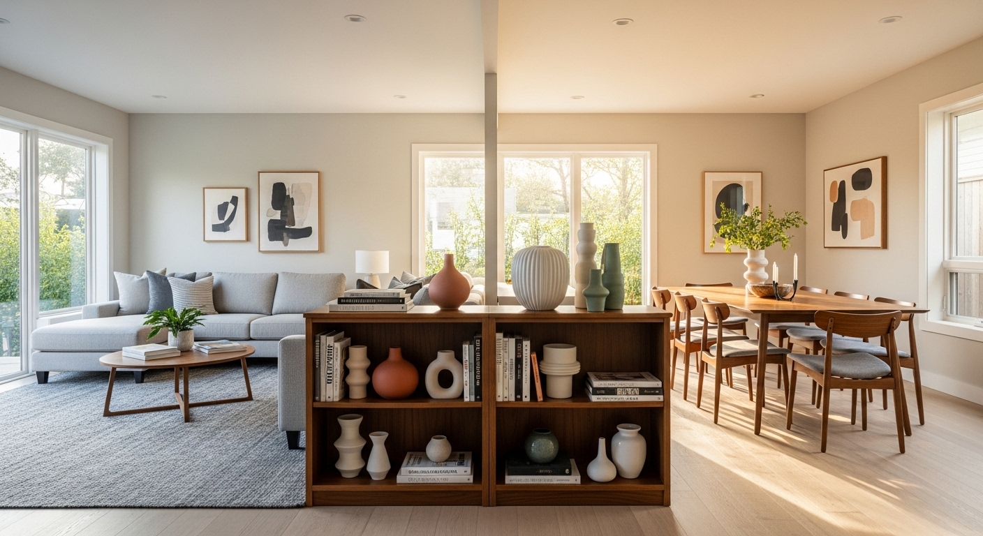 Phòng khách và phòng ăn không gian mở được phân chia thông minh bằng kệ sách hai mặt, với sofa, bàn ăn gỗ hiện đại và ánh sáng tự nhiên.