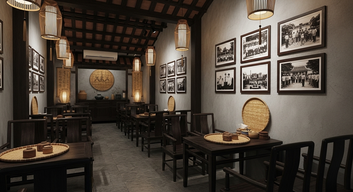 Cận cảnh cách trang trí quán ăn vặt Việt Nam ấm cúng với nội thất gỗ tối màu, đèn lồng tre, ảnh lịch sử treo tường và mẹt tre mộc mạc.