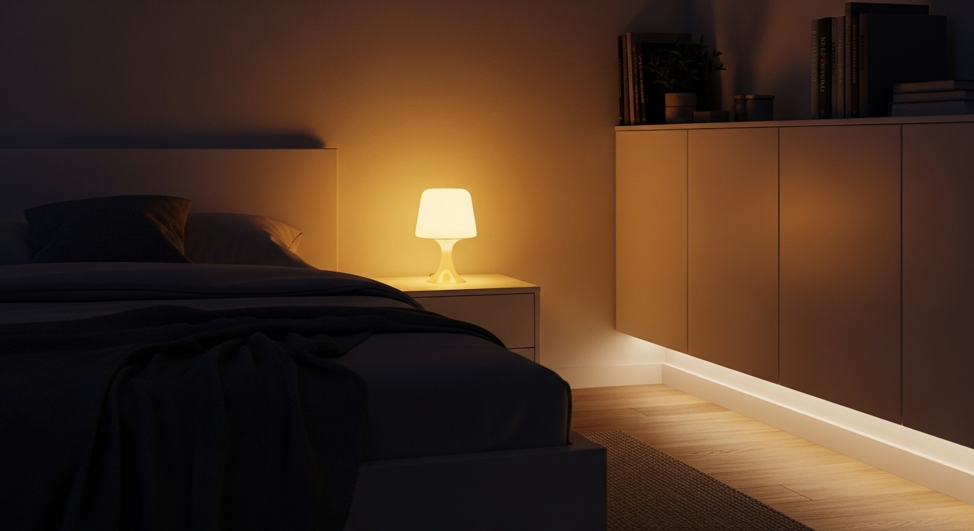 Trang trí phòng ngủ nhỏ ấm cúng buổi tối với đèn ngủ vàng dịu và ánh sáng LED gián tiếp.
