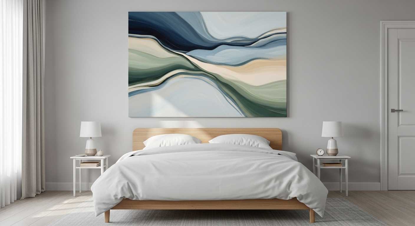 Bức tranh trừu tượng lớn với tông màu xanh lam, xanh lá và kem, là đồ trang trí phòng ngủ nổi bật trên giường trắng, tường xám nhạt.