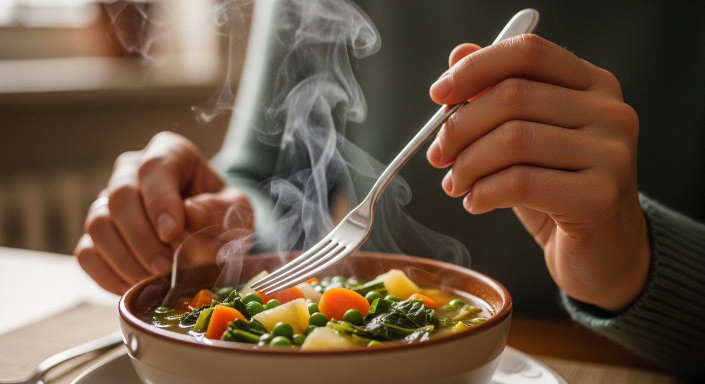 Bàn tay nhẹ nhàng cầm dĩa trên bát canh rau củ bổ dưỡng, gợi ý cách ăn ít no lâu hiệu quả với bữa ăn tại nhà.