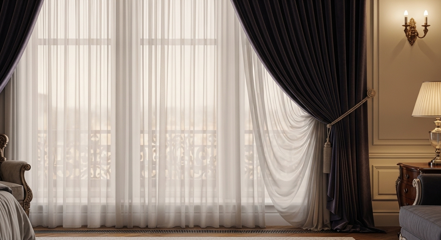 Cửa sổ phòng ngủ lớn với rèm cửa lớp sang trọng, bao gồm rèm voan mỏng lọc ánh sáng tự nhiên và rèm vải dày được vén gọn gàng, thể hiện cách trang trí phòng ngủ sang trọng. Cửa sổ phòng ngủ lớn với rèm cửa lớp sang trọng, bao gồm rèm voan mỏng lọc ánh sáng tự nhiên và rèm vải dày được vén gọn gàng, thể hiện cách trang trí phòng ngủ sang trọng.