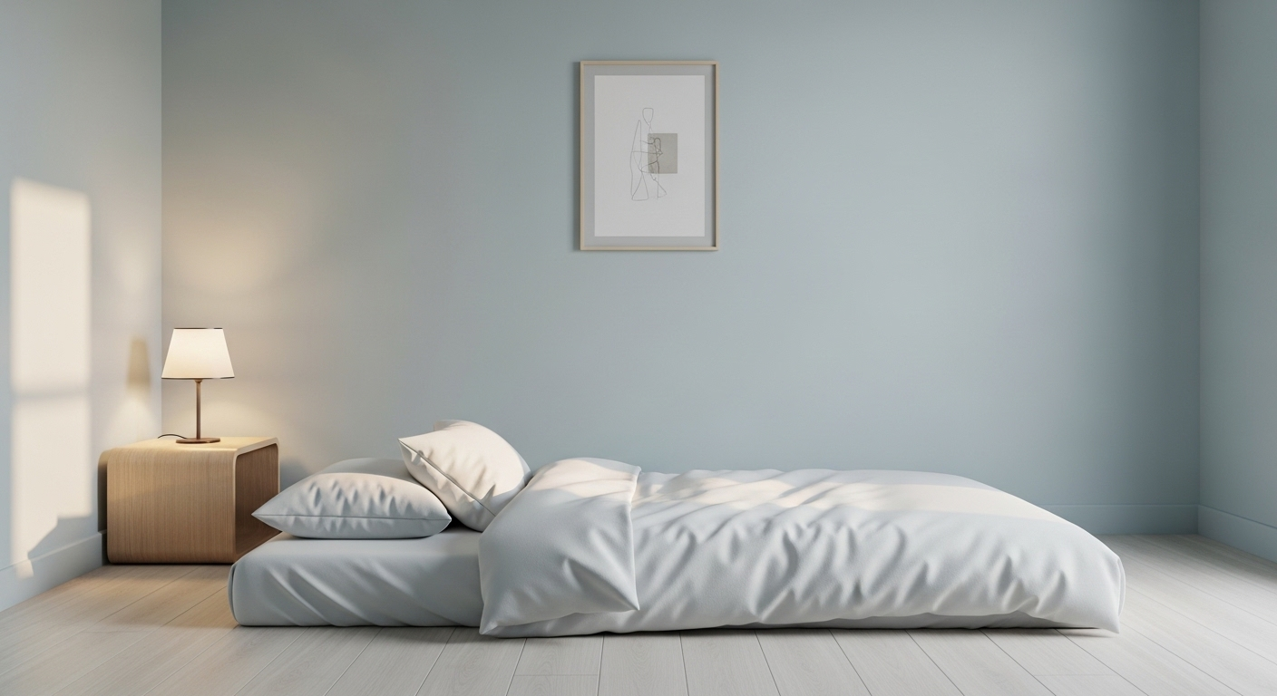 Cách trang trí phòng ngủ nhỏ đẹp kiểu Hàn Quốc với giường sàn thấp, tường pastel dịu và tranh tối giản. Cách trang trí phòng ngủ nhỏ đẹp kiểu Hàn Quốc với giường sàn thấp, tường pastel dịu và tranh tối giản.