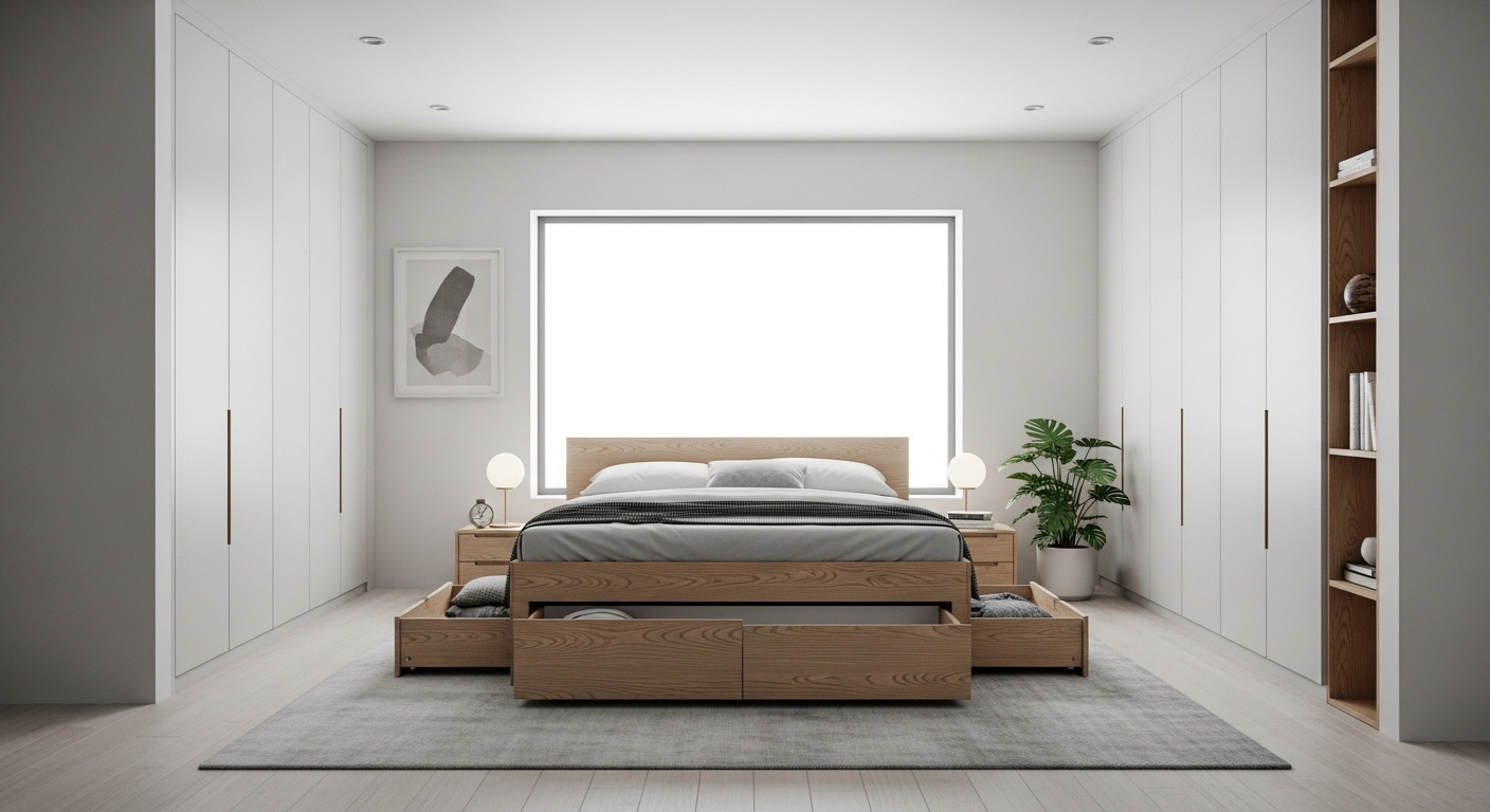 Phòng ngủ hiện đại, tiện nghi với giường có ngăn kéo lưu trữ, tủ âm tường lớn. Tông màu trắng xám, thiết kế tối giản, là ý tưởng trang trí phòng ngủ rộng rãi và sạch sẽ.