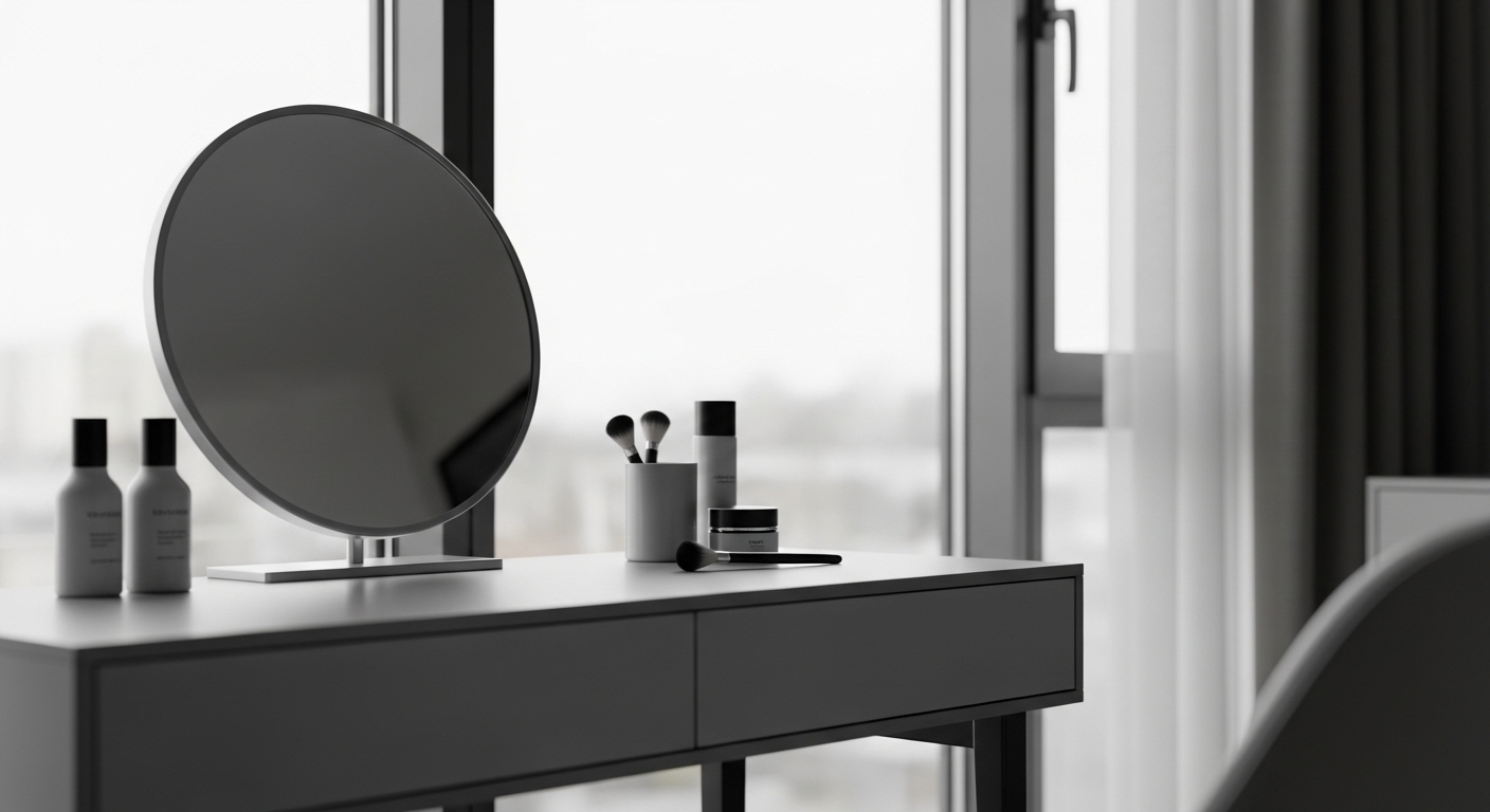 Bàn trang điểm hiện đại, tối giản đặt cạnh cửa sổ đón ánh sáng tự nhiên. Gương tròn và mỹ phẩm gọn gàng, là điểm nhấn lý tưởng cho trang trí phòng ngủ.