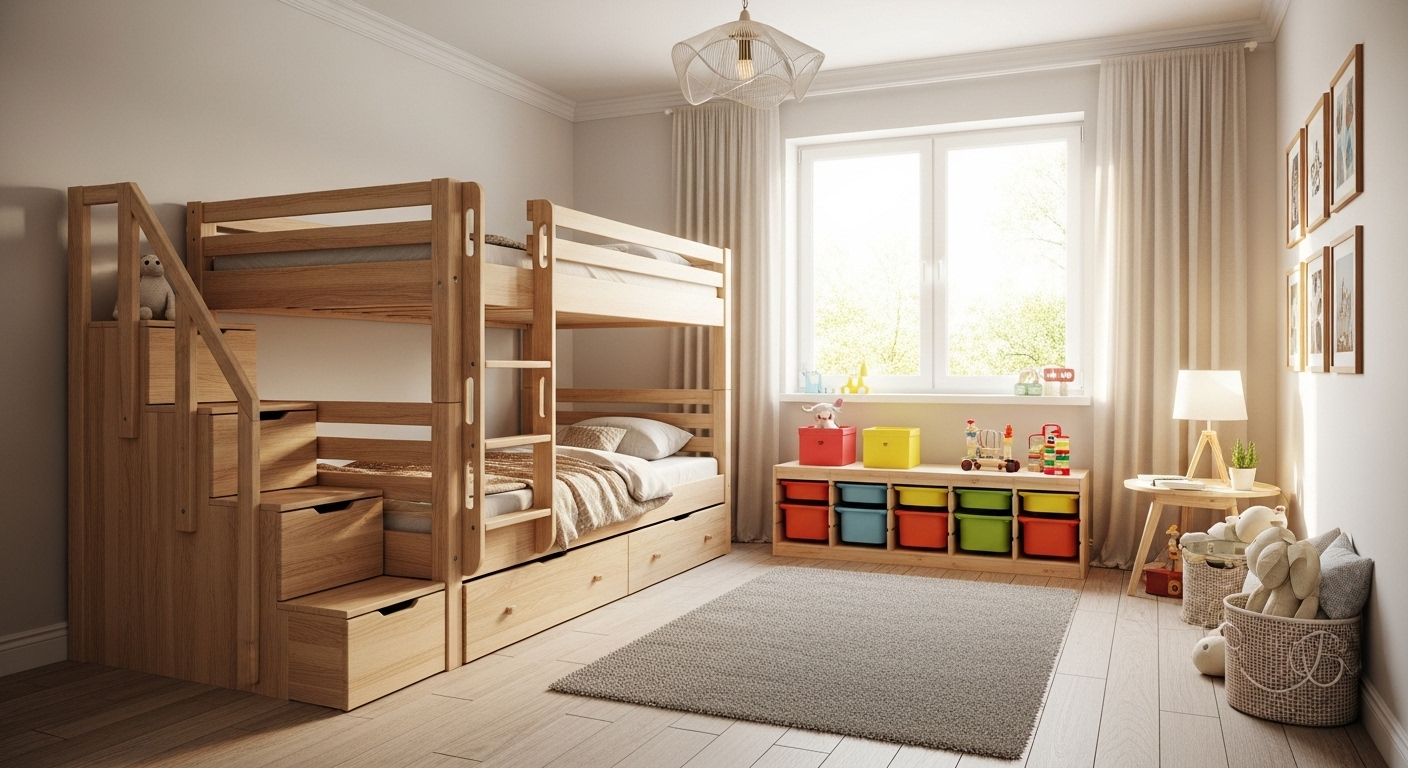 Phòng ngủ trẻ em chung gọn gàng với giường tầng gỗ hiện đại, tích hợp ngăn kéo tiện lợi và hộp đồ chơi màu sắc, là ý tưởng trang trí phòng ngủ cho trẻ tối ưu không gian.