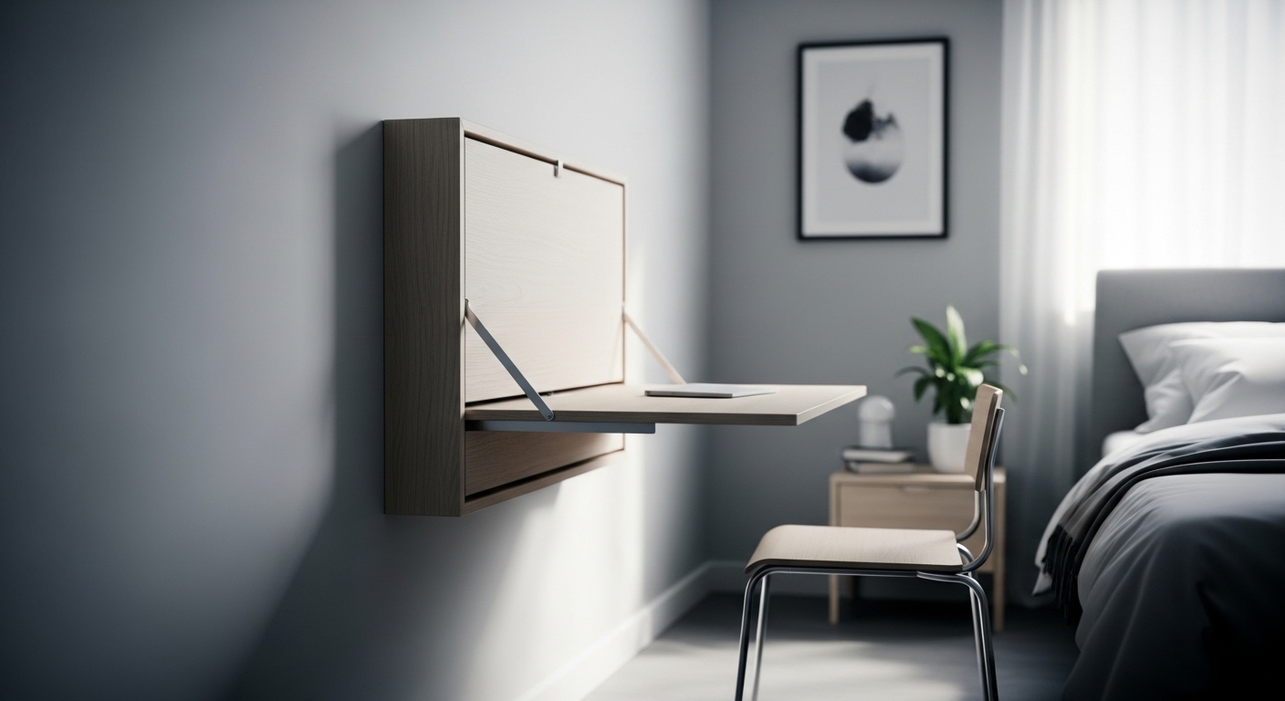 Bàn gấp gọn gắn tường màu xám nhạt đang gập lại, tối ưu diện tích sàn cho phòng ngủ nhỏ gọn gàng. Ý tưởng thông minh cho việc trang trí phòng ngủ nhỏ hiện đại.