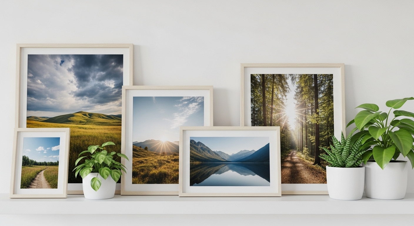 Hai kệ trắng nổi trên tường màu pastel trưng bày cây xanh và ảnh phong cảnh, mang đến ý tưởng decor phòng ngủ giá rẻ, tươi mới và gọn gàng.