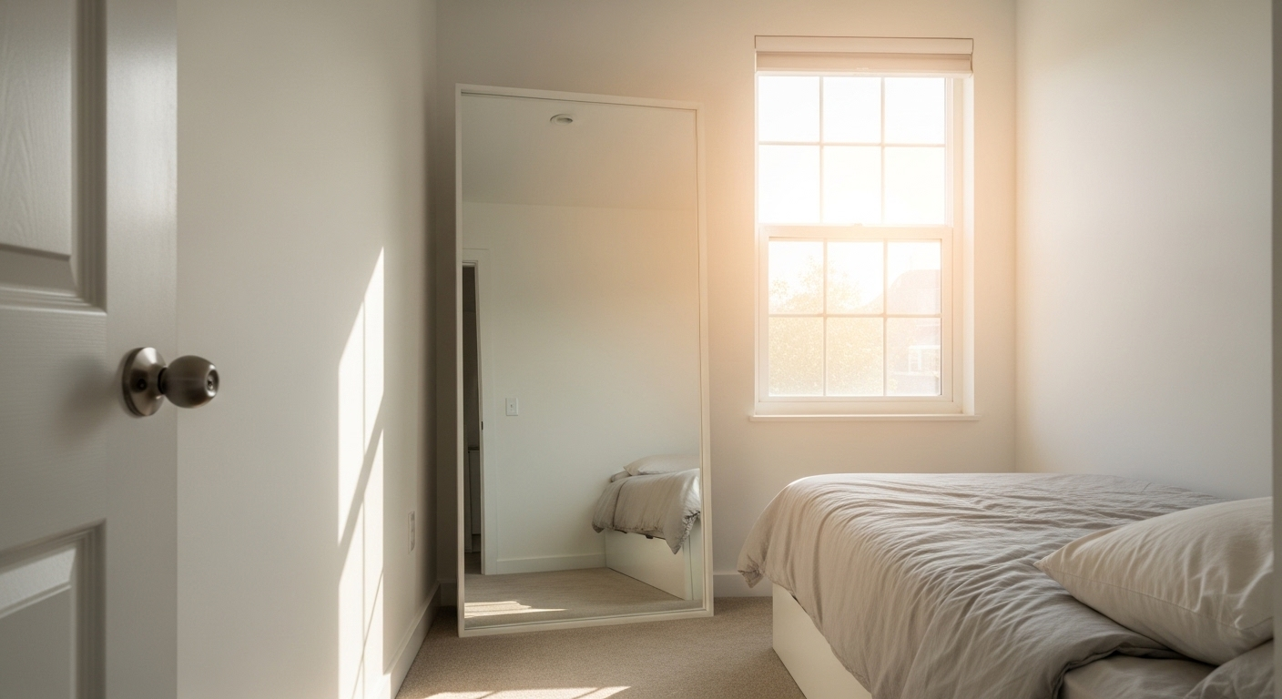 Hình ảnh minh họa cách decor phòng ngủ nhỏ trở nên rộng rãi và sáng sủa hơn nhờ gương lớn đặt đối diện cửa sổ, phản chiếu ánh sáng tự nhiên. Phòng có tường trắng và ga trải giường màu sáng.