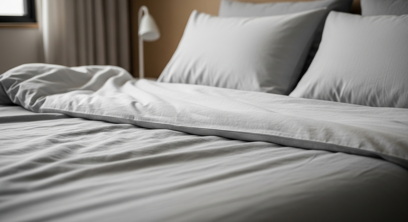 Cận cảnh giường ngủ êm ái với bộ ga lanh xám nhạt, chăn cotton trắng mềm mại và gối sắp xếp gọn gàng. Chất liệu cao cấp mang lại sự thoải mái tối ưu, lý tưởng cho việc trang trí phòng ngủ hiện đại. Cận cảnh giường ngủ êm ái với bộ ga lanh xám nhạt, chăn cotton trắng mềm mại và gối sắp xếp gọn gàng. Chất liệu cao cấp mang lại sự thoải mái tối ưu, lý tưởng cho việc trang trí phòng ngủ hiện đại.