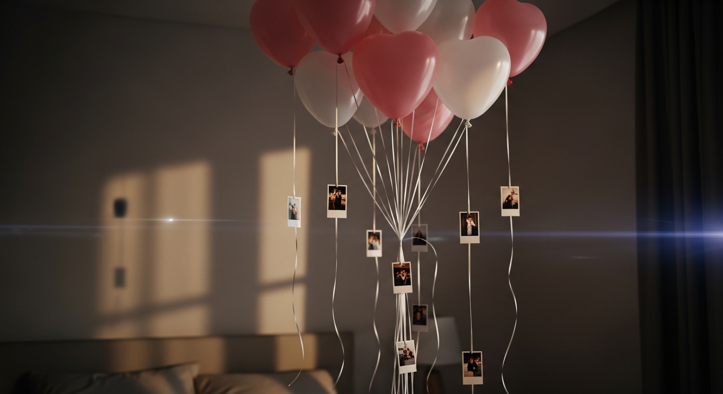 Cảnh trang trí phòng ngủ 20/10 lãng mạn với bong bóng trái tim hồng trắng bay lơ lửng, gắn ảnh kỷ niệm.