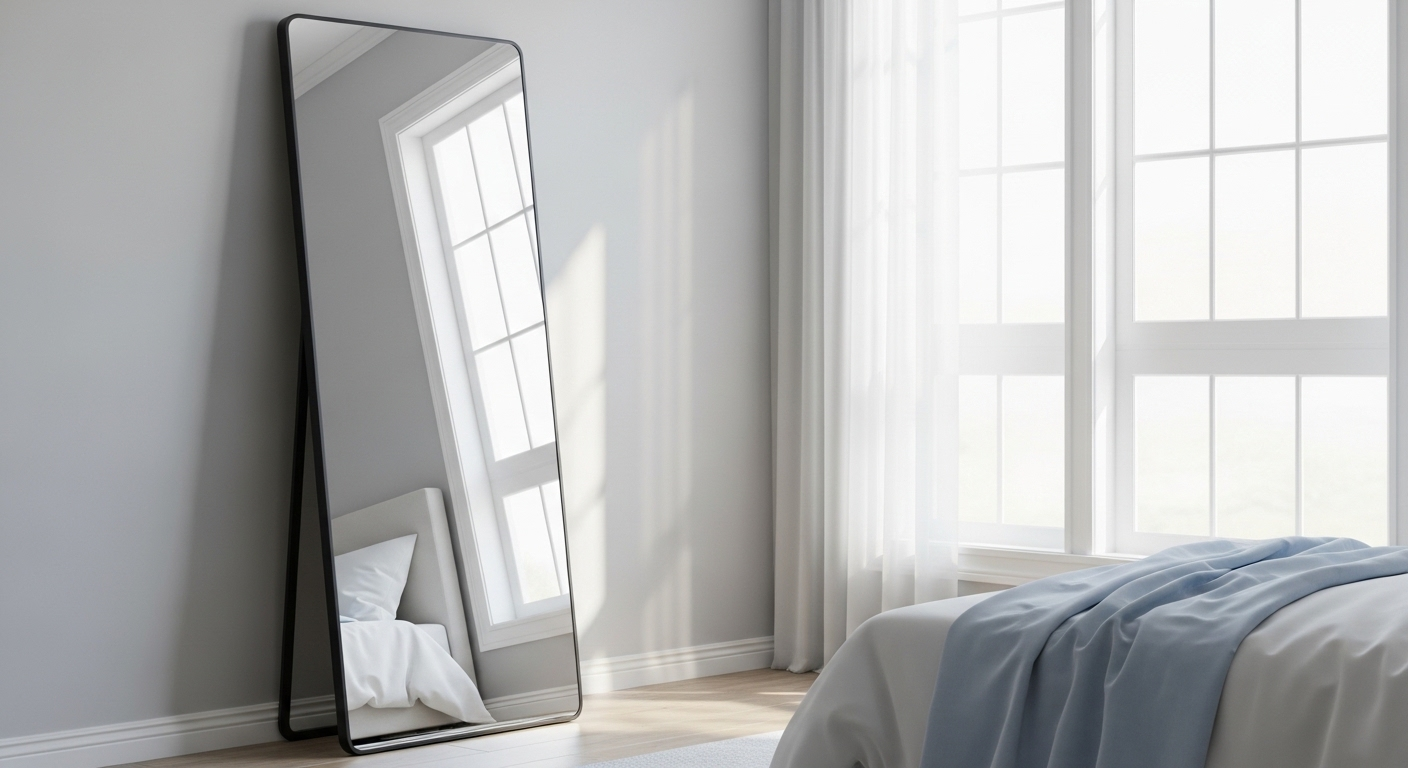 Mẫu trang trí phòng ngủ đơn giản tiết kiệm với gương đứng hiện đại, phản chiếu ánh sáng tự nhiên và ga giường sạch sẽ.