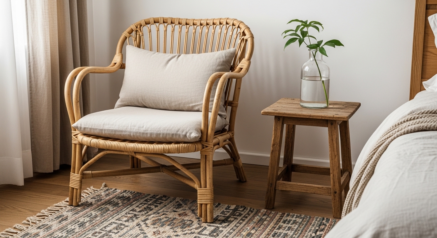 góc phòng ấm cúng với ghế mây tự nhiên, đệm vải linen màu be mềm mại. Bàn gỗ mộc nhỏ, lọ hoa thủy tinh lá xanh và thảm dệt họa tiết tông đất trầm trên sàn gỗ.