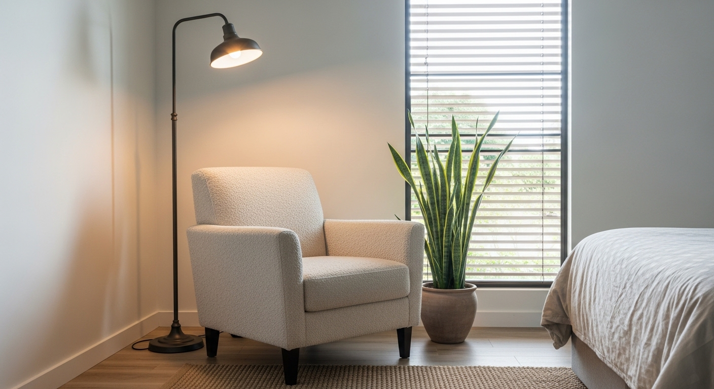 Góc đọc sách thư giãn trong phòng ngủ tối giản với ghế bành, cây xanh và đèn sàn. Một ý tưởng tuyệt vời để tự trang trí phòng ngủ đơn giản. Góc đọc sách thư giãn trong phòng ngủ tối giản với ghế bành, cây xanh và đèn sàn. Một ý tưởng tuyệt vời để tự trang trí phòng ngủ đơn giản.