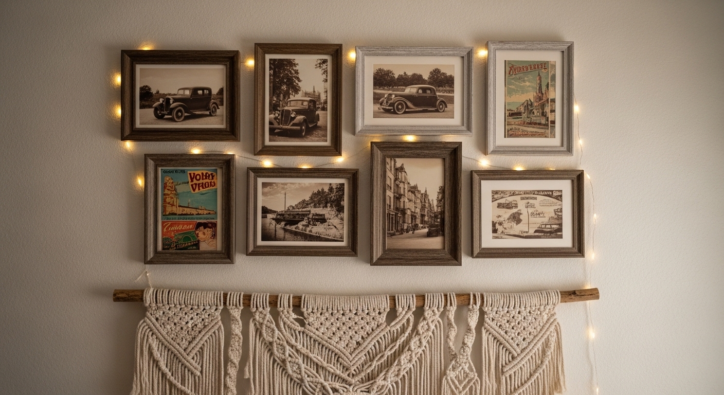 Tường phòng ngủ màu kem nhạt trang trí phòng ngủ vintage với lưới khung ảnh, bưu thiếp tông màu sepia và dây đèn LED ấm. Bên dưới là treo tường macrame họa tiết tinh xảo.