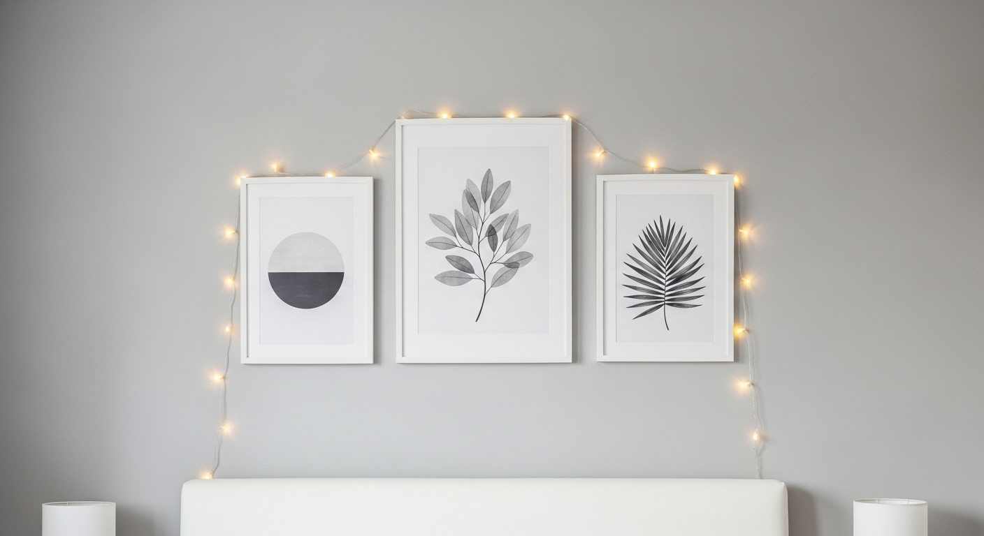 Tường phòng ngủ hiện đại màu xám nhạt với gallery ba tranh tối giản và dây đèn LED ấm áp. Một cách trang trí phòng ngủ đơn giản ít tốn kém nhưng vẫn tinh tế và ấm cúng.
