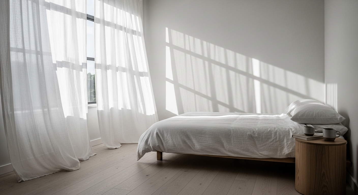 Trang trí phòng ngủ tối giản với cửa sổ lớn, rèm trắng mỏng và ánh sáng ban mai tạo bóng đổ tinh tế trên tường sáng, mang lại không gian thanh bình.
