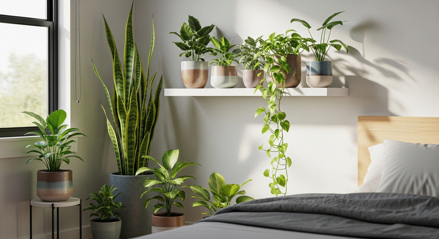 Góc phòng ngủ hiện đại với cây xanh tươi tốt trên kệ trắng tối giản, tạo nên điểm nhấn trang trí phòng ngủ đẹp, ngập tràn ánh sáng tự nhiên từ cửa sổ.