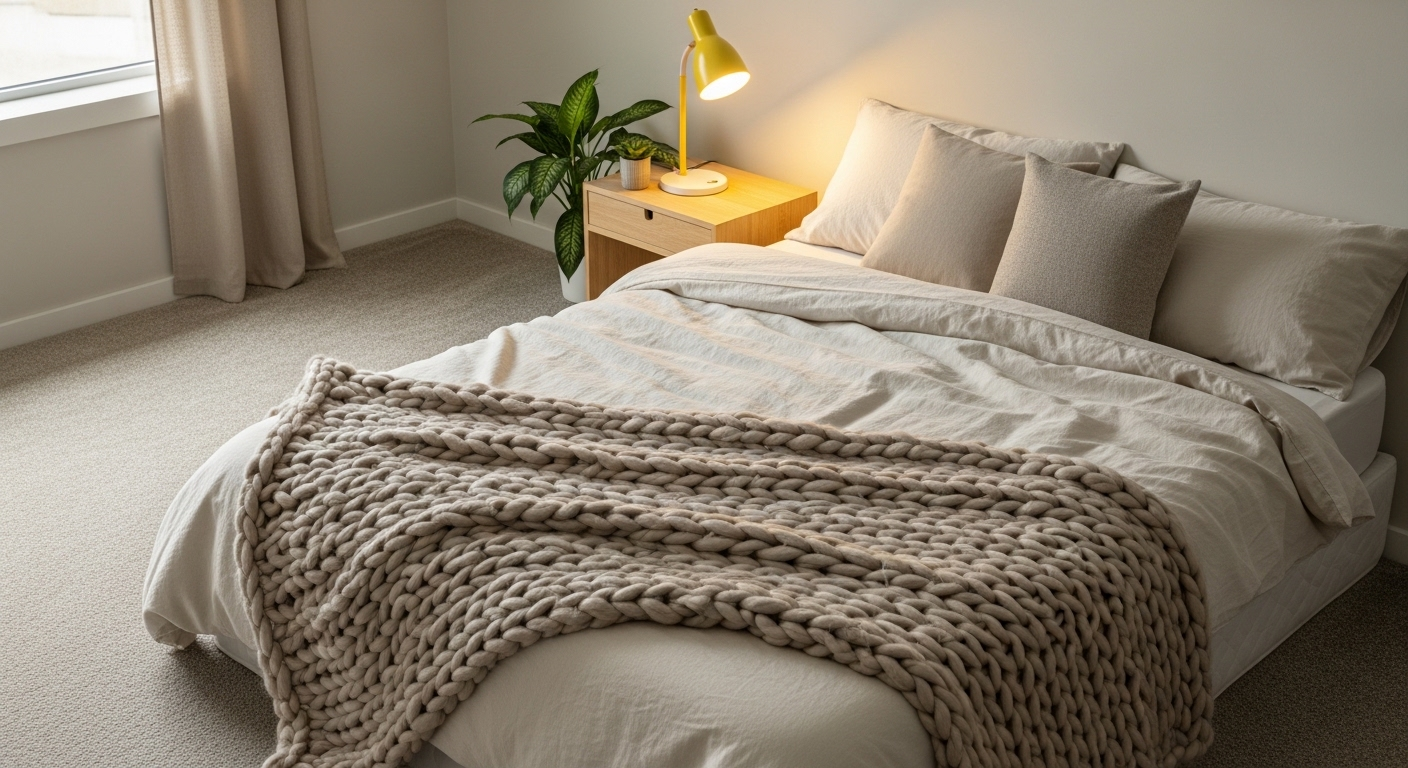Phòng ngủ ấm cúng với giường ga màu kem, chăn đan len dày, đèn ngủ hiện đại ánh sáng vàng ấm và thảm trải sàn sáng màu, gợi ý ý tưởng tuyệt vời để tự trang trí phòng ngủ đẹp và thư giãn.