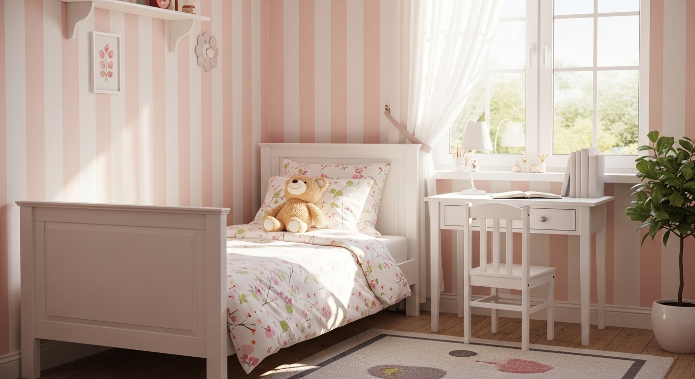 Một phòng ngủ bé gái sáng sủa, tường sọc hồng trắng pastel. Giường đôi trắng ga hoa, bàn học và thú nhồi bông, mang đến không gian trang trí phòng ngủ đẹp mắt.