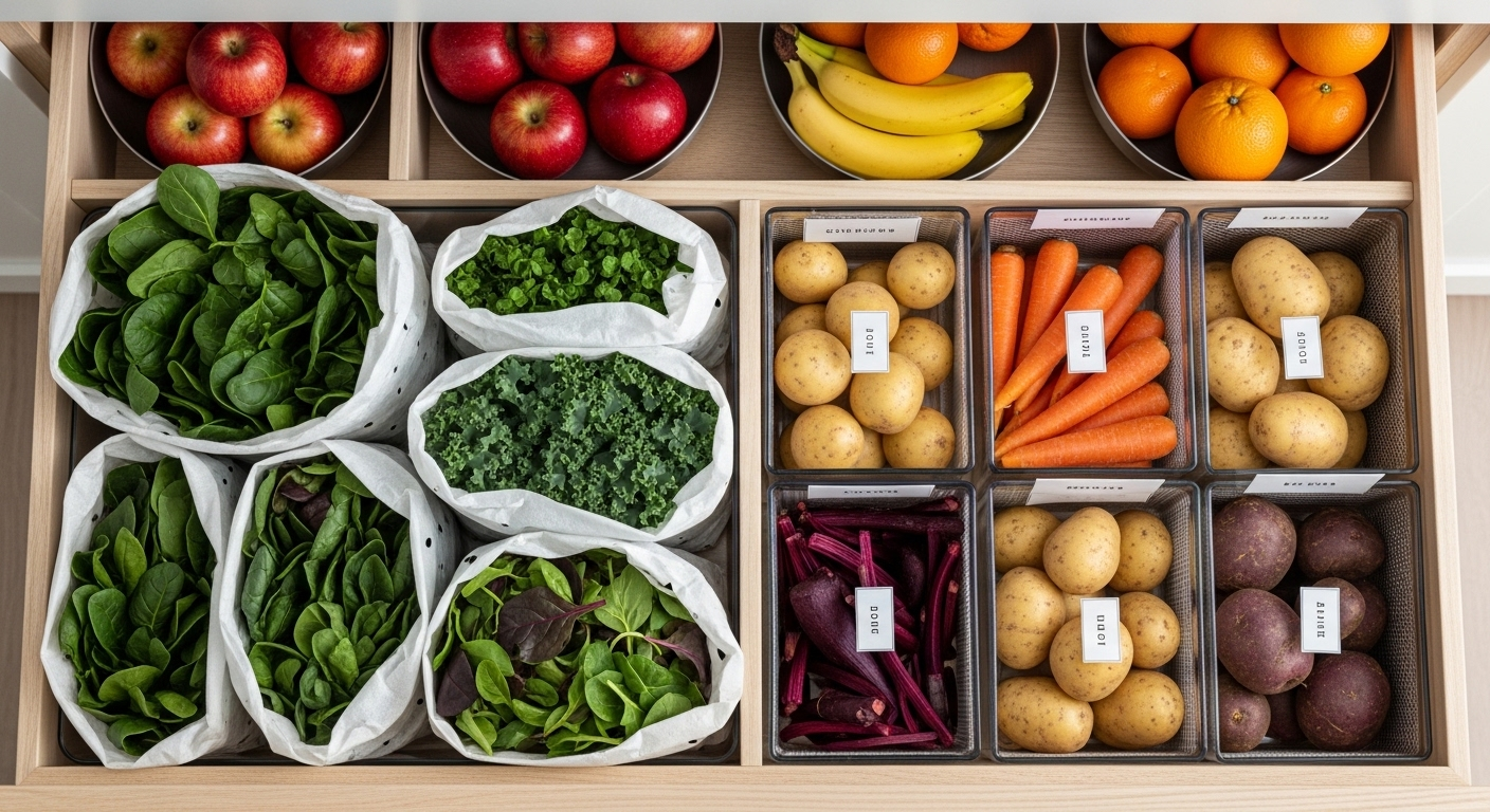 rau củ quả được sắp xếp ngăn nắp trong ngăn kéo tủ mát, rau xanh gói giấy ẩm và củ quả khô ráo.