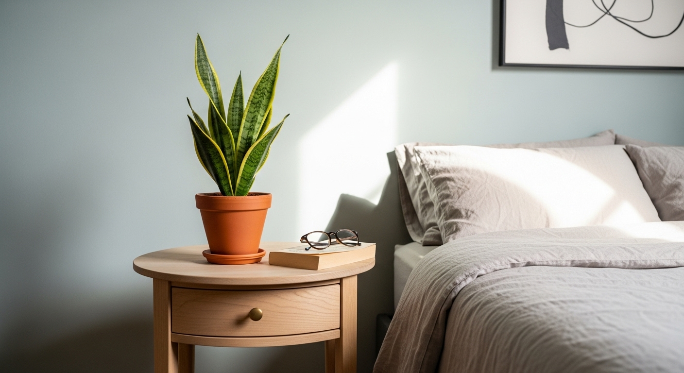 Cây lưỡi hổ lá xanh vàng trên bàn đầu giường gỗ sáng, điểm nhấn tinh tế cho trang trí phòng ngủ nhỏ tối giản.