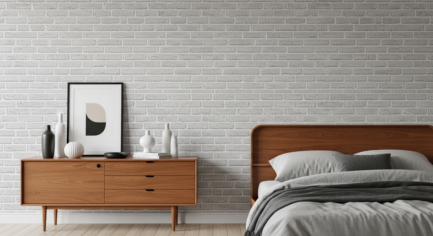 Trang trí phòng ngủ hiện đại với tường vân gạch giả xám nhạt tinh tế và tủ gỗ thanh lịch.