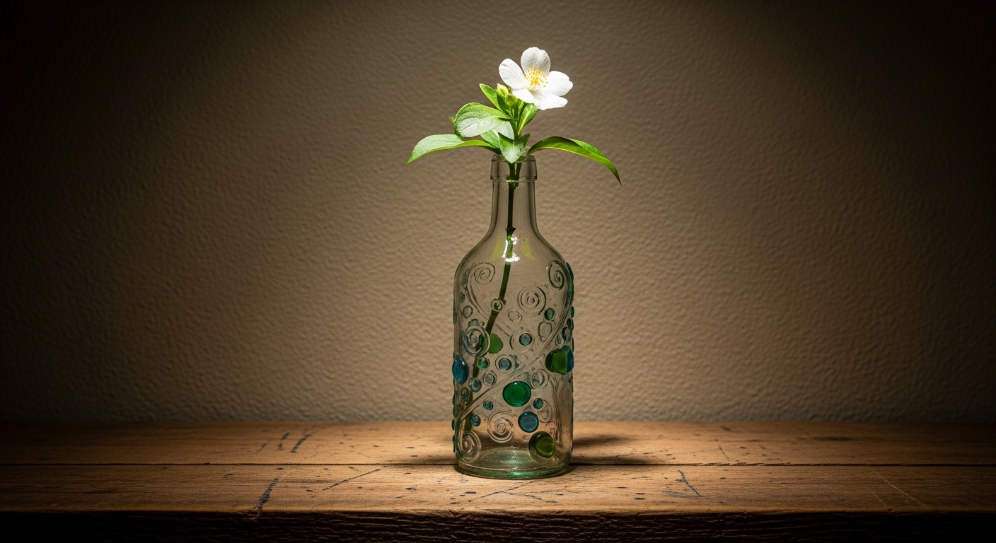 Bình hoa thủy tinh tái chế đẹp mắt với hoa trắng, là vật trang trí phòng ngủ tinh tế trên kệ gỗ mộc mạc.