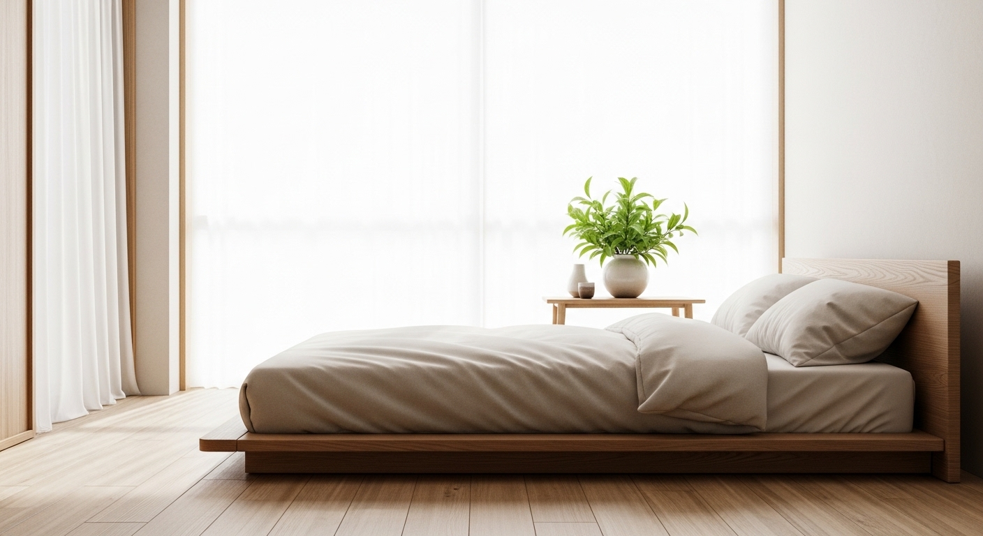 Phòng ngủ phong cách Nhật tối giản với giường gỗ thấp, ánh sáng tự nhiên. Cây xanh nhỏ là điểm nhấn trong decor phòng ngủ yên bình này.