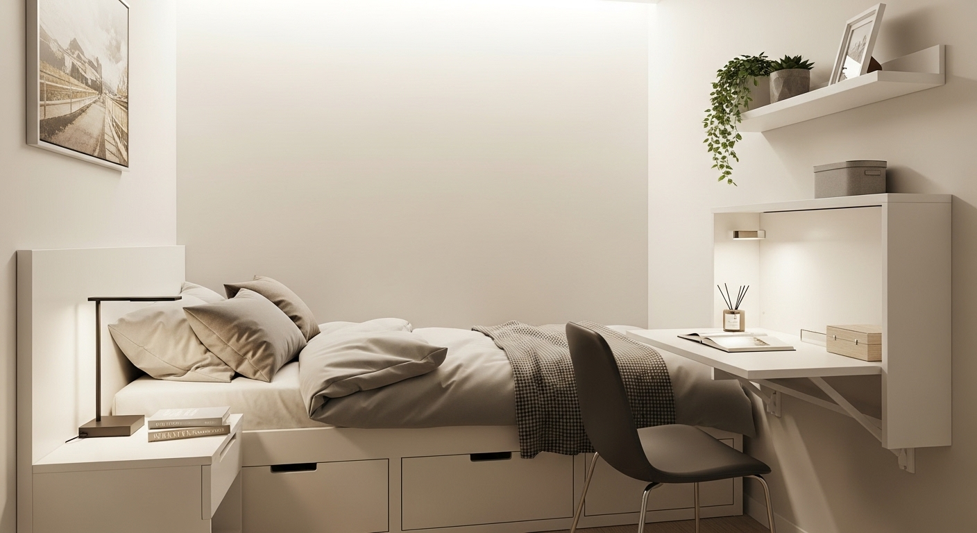 Phòng ngủ nhỏ gọn, ngăn nắp với giường tích hợp ngăn kéo và bàn gắn tường gập gọn. Tường màu kem sáng cùng ánh sáng tươi sáng tạo cảm giác rộng rãi, là ý tưởng tuyệt vời cho trang trí phòng ngủ tối ưu diện tích.