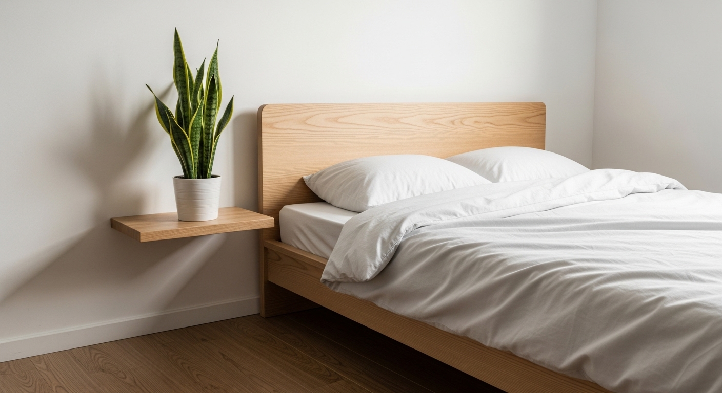 Trang trí nội thất phòng ngủ vừa và nhỏ phong cách Scandinavia với giường gỗ sáng, ga trắng tinh. Cây lưỡi hổ xanh tươi trên kệ nổi là điểm nhấn tối giản, mang lại vẻ đẹp tự nhiên.