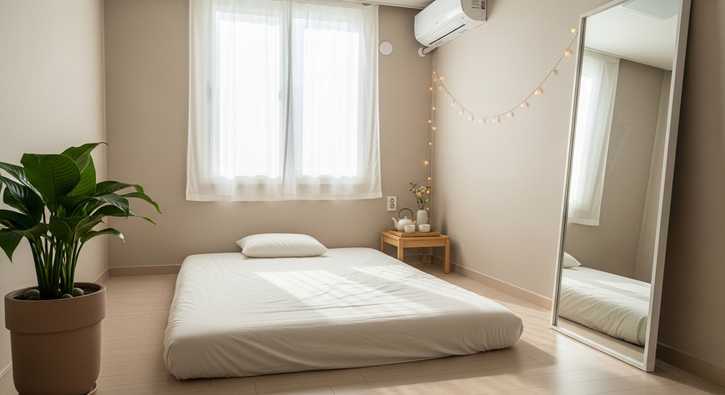 Phòng ngủ Hàn Quốc nhỏ gọn, tối giản với nệm trắng trên sàn gỗ, gương lớn và đèn LED dây, tạo điểm nhấn decor phòng ngủ ấm cúng.