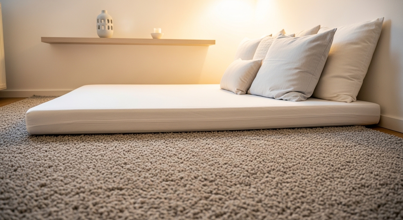 Phòng ngủ nhỏ ấm cúng với nệm trắng đặt trên thảm lông xám, gối tựa và kệ treo tường tối giản cùng bình gốm. Đây là ý tưởng trang trí phòng ngủ nhỏ cho nữ đẹp, hiện đại.