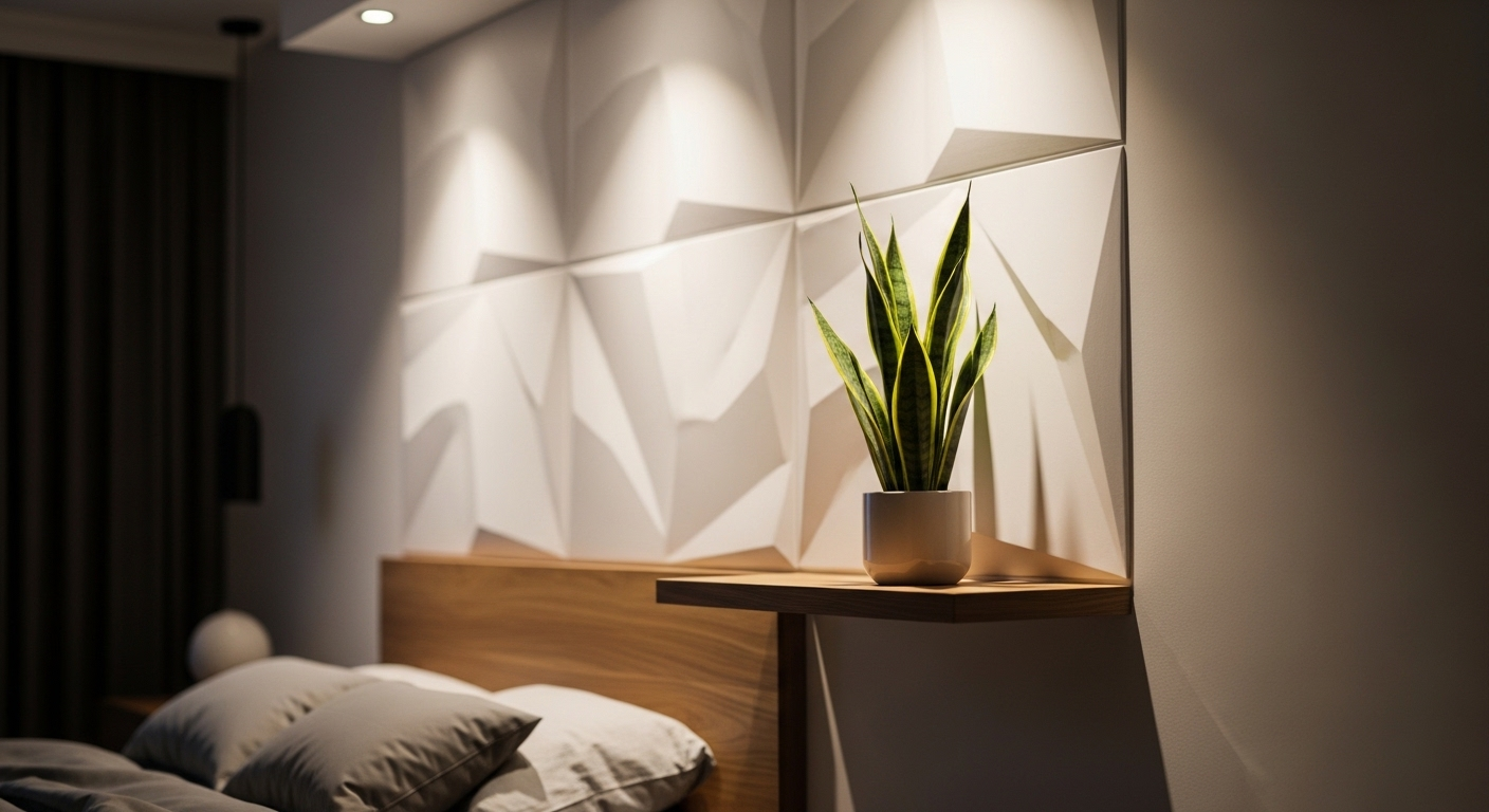 Tường phòng ngủ hiện đại ốp tấm 3D trắng ngà hoa văn hình học, kết hợp kệ gỗ treo cây lưỡi hổ xanh mát, là ý tưởng trang trí phòng ngủ sang trọng và tinh tế.