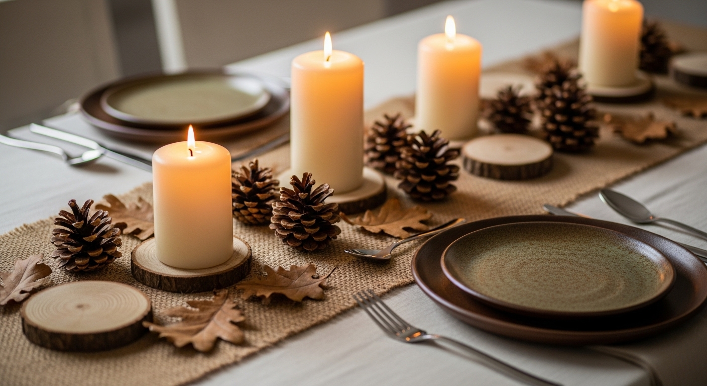 Bàn tiệc Giáng sinh ấm cúng với nến, quả thông, lá khô và chén đĩa gốm. Đây là gợi ý Cách trang trí bàn tiệc Giáng sinh phong cách mộc mạc, gần gũi thiên nhiên.
