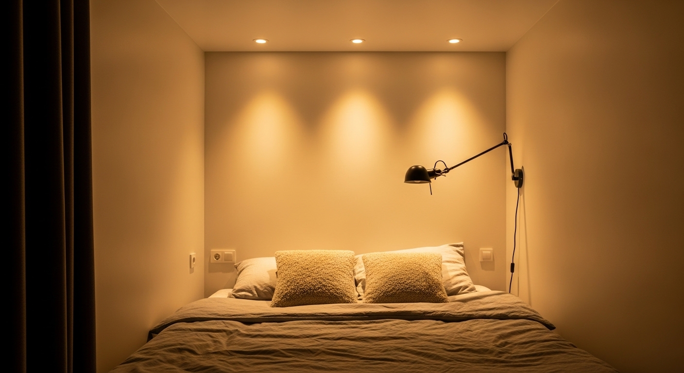 Phòng ngủ nhỏ ấm cúng với ánh sáng vàng dịu và đèn đọc sách gắn tường, gợi ý cách trang trí phòng ngủ nhỏ hiện đại, tiện nghi.