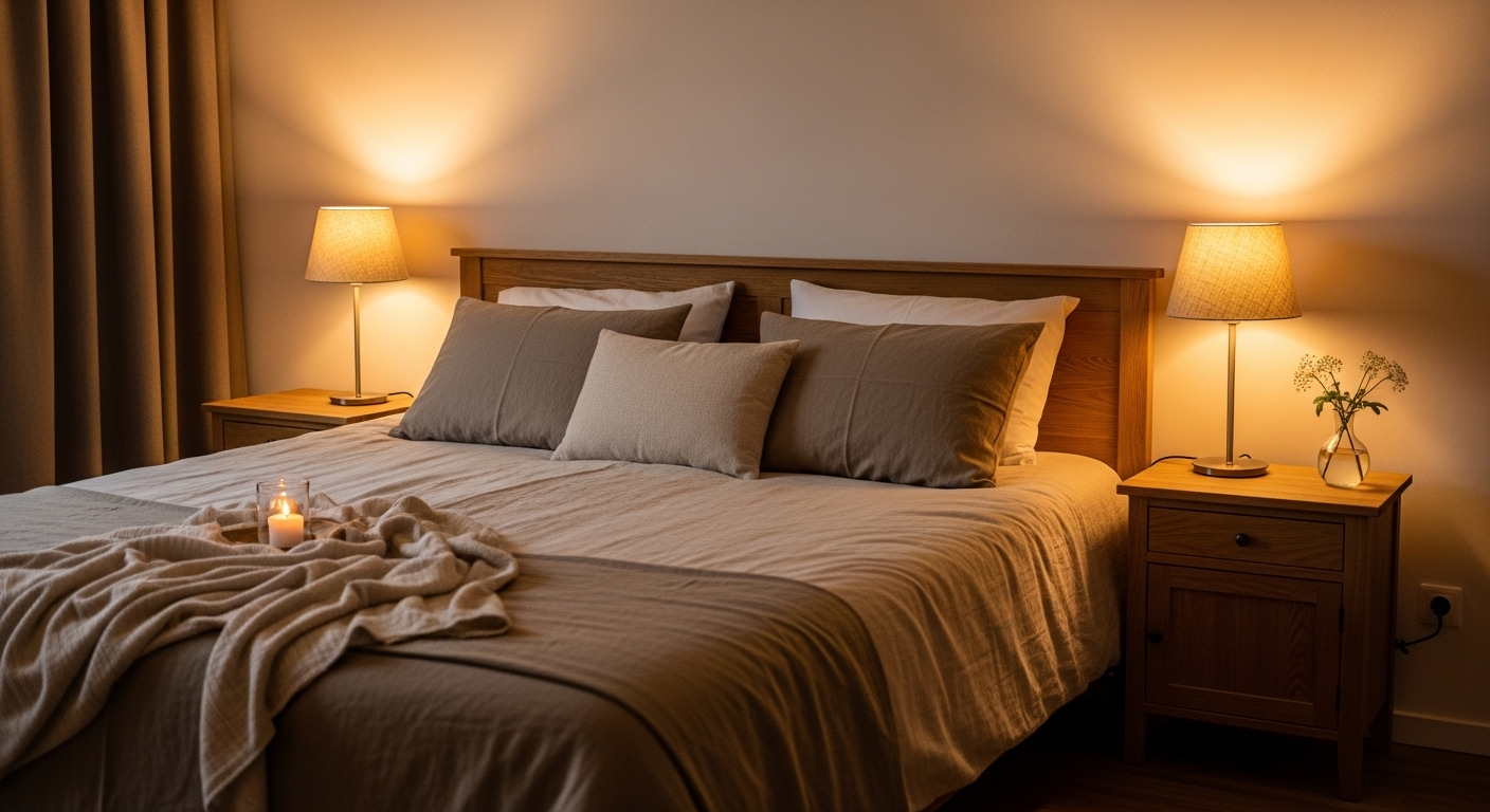 Cách trang trí phòng ngủ đôi lãng mạn, ấm cúng với giường lớn chăn ga màu be kem, đèn ngủ ánh sáng vàng và hoa trắng.