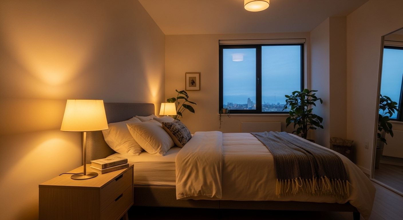 Ảnh phòng ngủ yên bình buổi chiều tối với ánh sáng vàng ấm từ đèn ngủ hiện đại, tạo không gian thư giãn lý tưởng cho trang trí phòng ngủ ấm cúng.