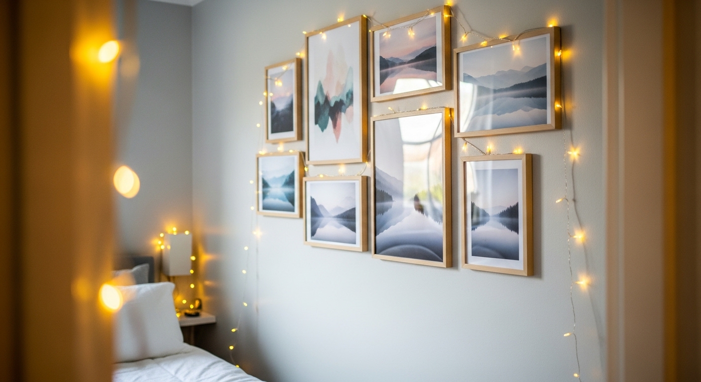 Tường tranh nghệ thuật với khung ảnh và đèn dây vàng ấm áp trên tường xám nhạt, gợi ý cách trang trí phòng ngủ nhỏ hiện đại, ấm cúng.
