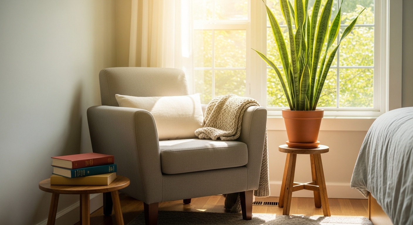 Góc đọc sách ấm cúng với ghế bành êm ái cạnh cửa sổ tràn ánh sáng tự nhiên, cây lưỡi hổ xanh và chồng sách gọn gàng.