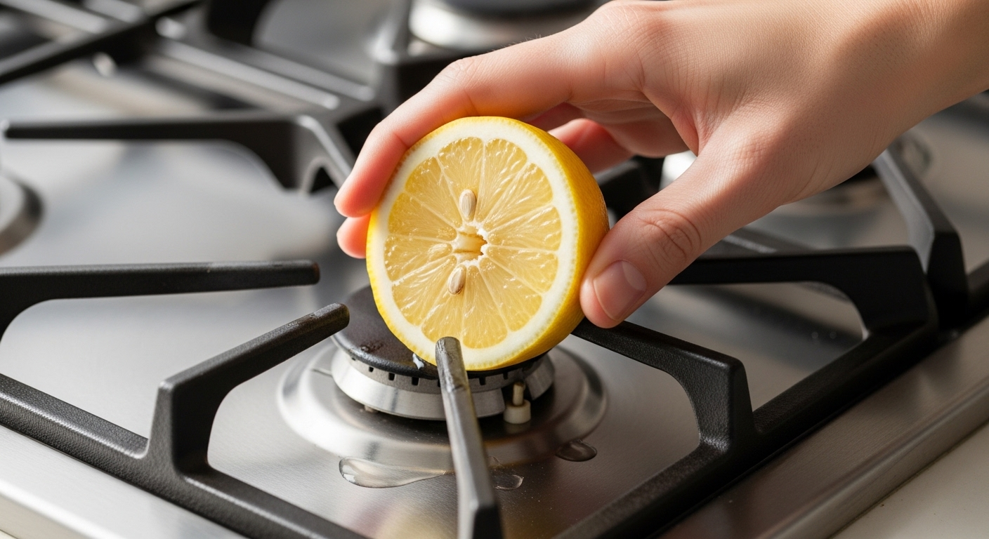 Một bàn tay đang nhẹ nhàng chà xát nửa quả chanh tươi tẩm giấm lên bề mặt bếp ga inox, tạo độ sáng bóng.