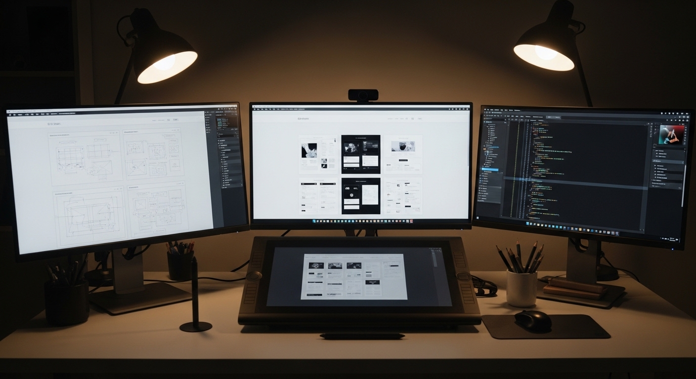 Bàn làm việc studio sáng tạo với ba màn hình hiển thị wireframe, UI, code cho phát triển website. Một máy lọc không khí đảm bảo không gian làm việc luôn trong lành. Bàn làm việc studio sáng tạo với ba màn hình hiển thị wireframe, UI, code cho phát triển website. Một máy lọc không khí đảm bảo không gian làm việc luôn trong lành.