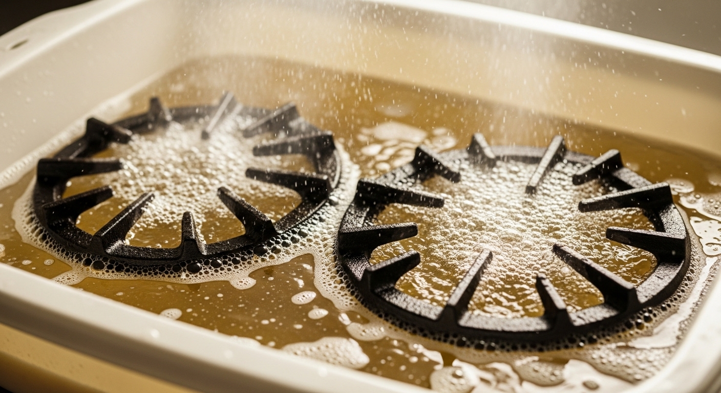 Hai kiềng bếp ga gang ngâm trong thau nước xà phòng ấm sủi bọt, làm bong tróc mảng bám thức ăn và dầu mỡ.